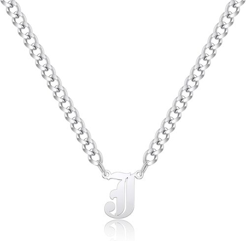 Kal-Gothique Collier Initiale, Chaine Acier Inoxydable Collier Homme Initiale A-Z Lettre Nom Argent Chaîne Cubaine Alphabet Pendentif Réglable 18+2 Inches Bijoux Homme