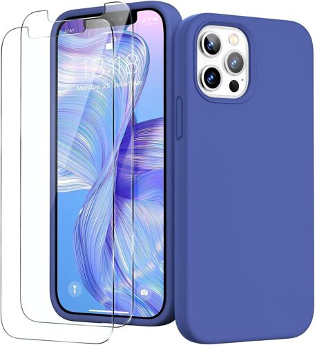 3 en 1 Coque Silicone Liquide pour iPhone 12/12 Pro 6,1 Pouces - avec 2 Verre Tremp¿¿ - ?tui de Protection Antichoc en Microfibre Douce[R¿¿sistant aux Rayures] [Antid¿¿rapant], Bleu Fonc¿¿