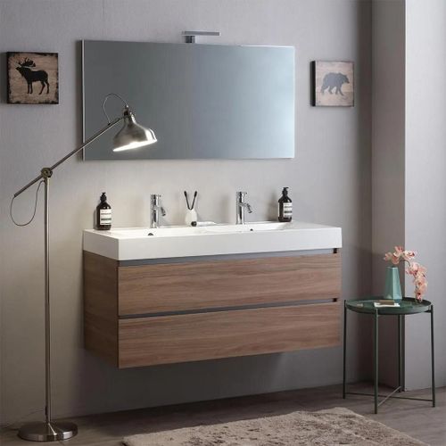 Meuble 120cm Tiroirs Chêne Naturel, Double Lavabo Et Miroir 120x60 | Vittoria