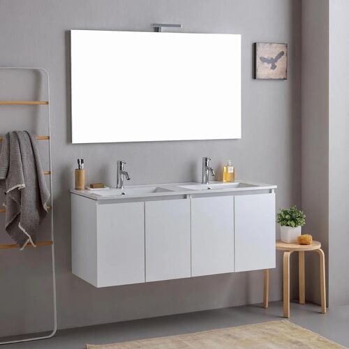 MEUBLE DE SALLE DE BAINS SUSPENDU 120CM BLANC AVEC PORTES ET DOUBLE LAVABO | BILBAO