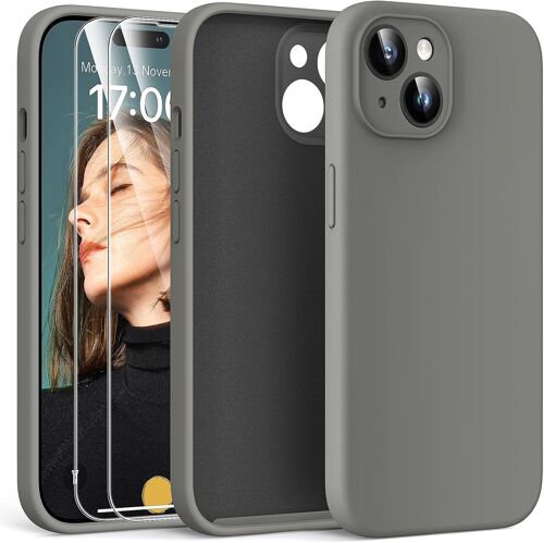 3-en-1 Coque pour iPhone 15 Kit, avec 2 Verre Tremp¿¿ Protection ¿¿cran [Protection de l'objectif am¿¿lior¿¿e] Coque en Silicone pour iPhone 15 6.1"" Antichoc, Gris