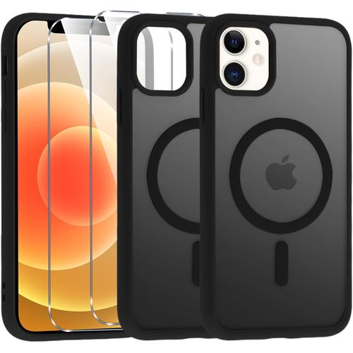 Coque Magnétique MagSafe pour Apple iPhone 12/12 Pro 6,1'' - Silicone Antichoc Translucide Mat + 2x Verre Trempé 9H, Protection Écran & Caméra, Charge Sans Fil, Noir