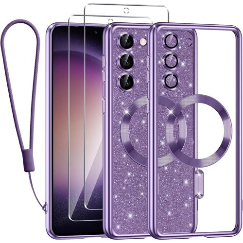 LORANKA-Magnétique Coque pour Samsung Galaxy S23+/ S23 Plus 5G avec Flash Papier,Compatible avec MagSafe,avec 2* Verre Trempé et 1* Chaîne Téléphone,Glitter Housse pour Filles Féminines,Violette