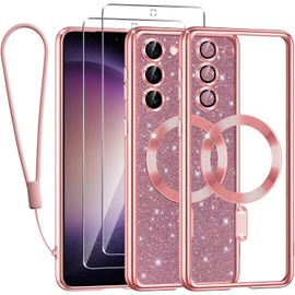 SJZG-Magnétique Coque Pour Samsung Galaxy S23+/ S23 Plus 5G Avec Flash Papier,Compatible Avec Magsafe,Avec 2* Verre Trempé Et 1* Chaîne Téléphone,Transparent Glitter Housse Pour Filles Féminines,Rose