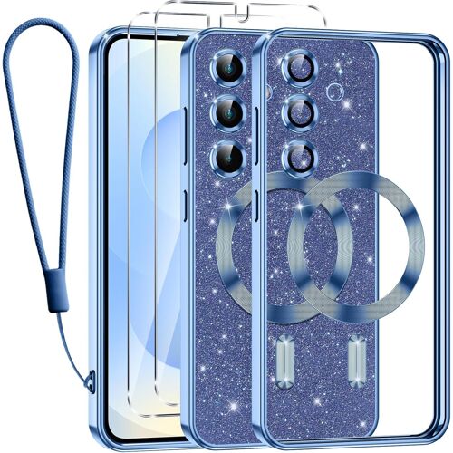 SJZG-Glitter Magnétique Pour Samsung Galaxy S25 Plus 5G Con Cordon, [Compatible Avec Magsafe] Antichoc Brillant Pailleté Housse Souple Coque Pour Samsung S25 Plus Avec 2 Verre Trempé Étui, Bleu