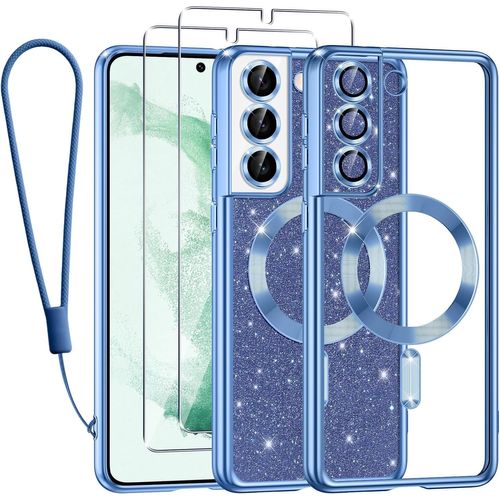 Coque Magnétique Pailletée Compatible Magsafe Pour Samsung Galaxy S22 Plus 5g - Antichoc Souple Transparente Avec 2 Verres Trempés Et Cordon Bleu