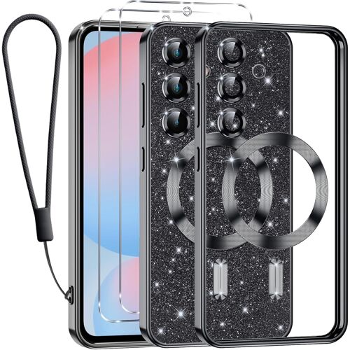 SJZG-Glitter Magnétique Pour Samsung Galaxy S24 Fe 5G Con Cnoirdon, [Compatible Avec Magsafe] Antichoc Brillant Pailleté Housse Souple Couqe Pour Samsung S24 Fe Avec 2 Pièces Verre Trempé Étui, Noir