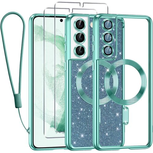 Coque Pailletée Magnétique Pour Samsung Galaxy S22 Plus 5g - Compatible Magsafe, Antichoc Souple, Cordon Inclus + 2 Verres Trempés, Vert