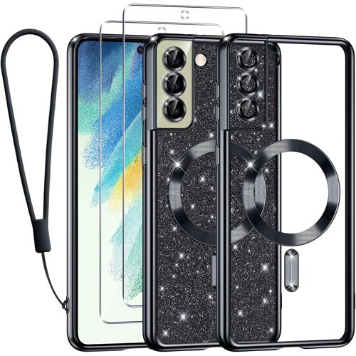 SJZG-Glitter Magnétique Couqe Pour Samsung Galaxy S21 Fe 5G Avec 2 Pièces Verre Trempé Étui [Compatible Avec Magsafe] Antichoc Brillant Souple Housse Pour Samsung S21 Fe 5G Con Cordon, Noir