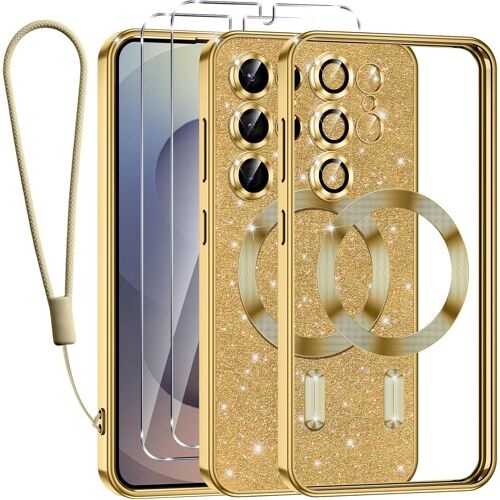 SJZG-Glitter Magnétique Pour Samsung Galaxy S25 Ultra 5G Con Cordon, [Compatible Avec Magsafe] Antichoc Brillant Pailleté Housse Souple Coque Pour Samsung S25 Ultra Avec 2 Verre Trempé Étui, Or
