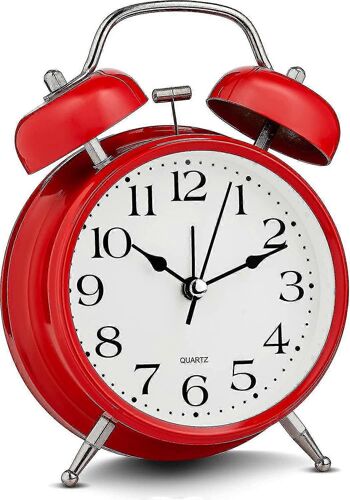 Réveil analogique rouge Piao Extra fort Twin Bells Rétro Blanc Silencieux Non-tic-tac Batterie à quartz fonctionnant avec rétroéclairage,bureau de table de chevet décoratif