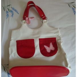 Sac À Main Shopping Cacharel En Toile De Coton Blanc Poches Et Anses Rouges
