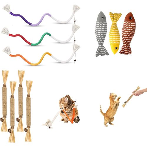 Kal-Jouets Chat : Kit De 4 Bastons D'herbe À Chat, 3 Poissons D'catnip Et 3 Cordes. Réduit L'anxiété Et Prend Soin De La Santé Buccale(10pcs)