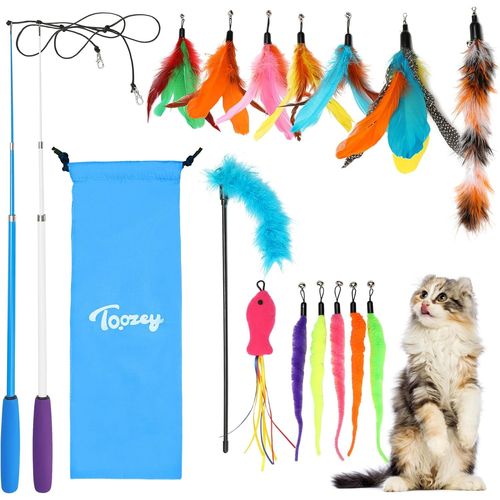 Jouet Chat 16 Pièces Jouets Pour Chats Avec 2 Tiges D'interactives Rétractables Pour Chat Et 14 Pièces De Remplacement Pour Plumes/Insectes/Poissons Avec Cloches, Avec Sac De Rangement