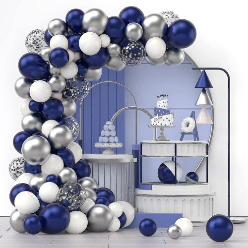 Bleu marine argent blanc confettis ballons Arch Kit,120 pcs 12in 10in 5in Latex Guirlande Arches Kit pour l'obtention du diplôme,anniversaire,mariage,anniversaire,Cele