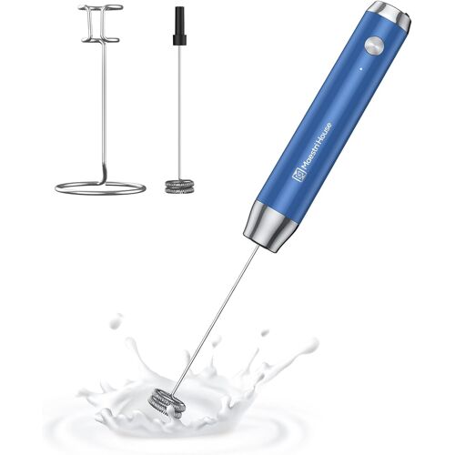 Mousseur à lait rechargeable avec support, machine à mousse électrique portable étanche et amovible en acier inoxydable, 2 fouets pour latte, cappuccino (Bleu Foncé)