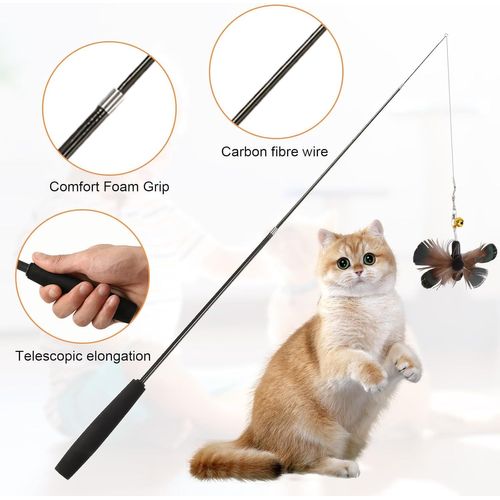 Jouet Pour Chat Interactif, Jouet Pour Chat Canne A Peche Avec Clochette, Jouet Chat Plume Clochette, Avec 3 Plumes De Remplacement Avec Cloche, Jouet Interactif Pour Chat Interieur, Teaser Baguette