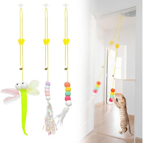 Meimie-Jouet Chat Interactif 3 Pièces Réglableauto Adhésif Jouet Chat Jeux Chat Appartement Canne A Peche Chat Avec Cloche Jouet Chat Plume Cadeau Pour Chat