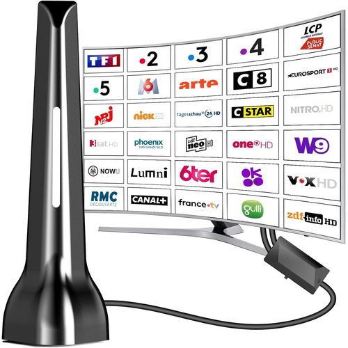 Antenne TV intérieur puissante,Antenne TNT intérieure équipée d'un amplificateur de Signal à Gain élevé,réception Longue Distance jusqu'à 420 km avec Base magnétique