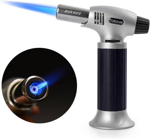 Chalumeau de cuisine rechargeable avec verrouillage de sécurité et flamme réglable, idéal pour crème brûlée, dessert, barbecue, bricolage (Noir)