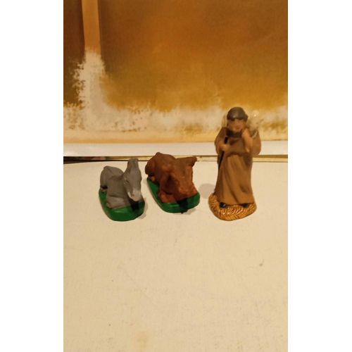Lot De 3 Santons De Crèche Terre Cuite Âne Boeuf Berger