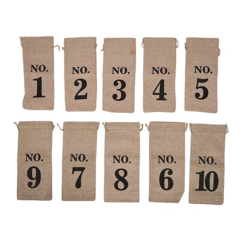 10 sacs à vin, 14 x 6 1/4 pouces sacs cadeaux de bouteille de vin numérotés en toile de jute avec cordon de serrage pour aveugle
