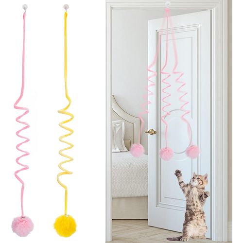Pack de 2 Chat Porte de la Pendaison de Jouets, Chat en Peluche Porte de la Pendaison de Jouets, les Taquineries, des Jouets de Chat Rétractable, Jouets pour Chats, Jouets Interactifs de Chat d'Intérieur à la Chasse de l'Exercice (Rose + Jaune)