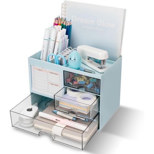 Teppd-Organiseur De Bureau À 3 Tiroirs, Porte-Stylos Multifonction, Accessoire Bureau Et Rangement Avec 5 Compartiments - Bleu