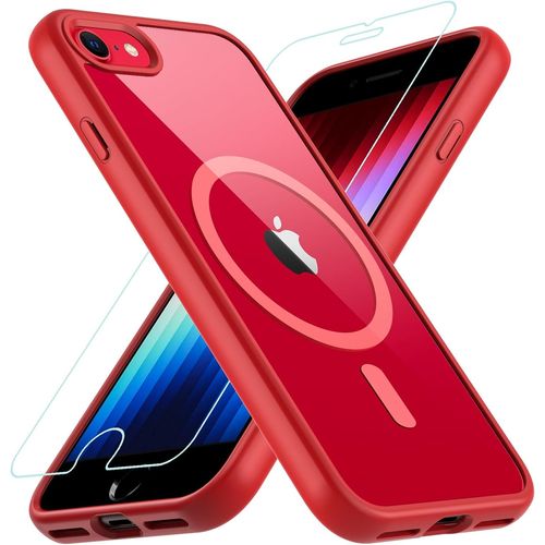 CAUC-Magnétique Coque pour iPhone SE 2022/SE 2020 et iPhone 8/7 avec Verre Trempé, Etui Translucide Mat Arrière Housse Fine Antichoc Case pour iPhone SE 2022/SE 2020/8/7 (Rouge)