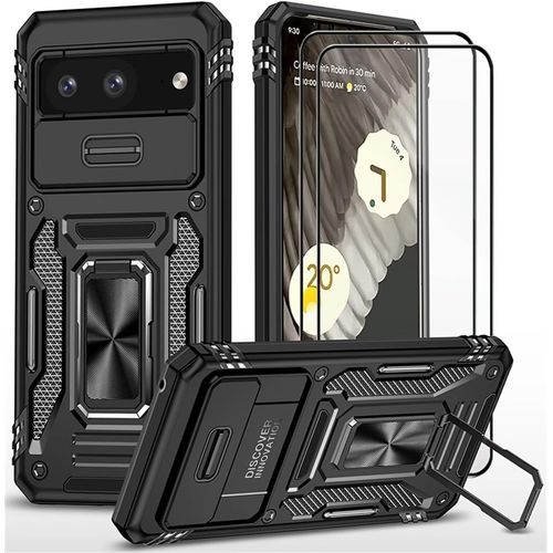 CAUC-Coque pour Google Pixel 8 étui avec 2 Verre Trempé Support magnétique Armure Robuste Antichoc Silicone avec Couvercle de caméra Coulissant Bumper-Noir