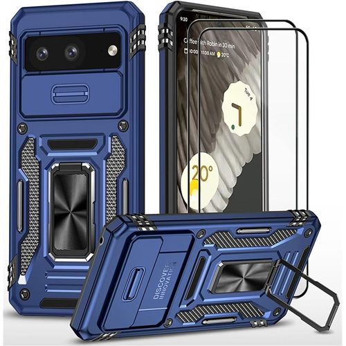 CAUC-Coque pour Google Pixel 8 étui avec 2 Verre Trempé Support magnétique Armure Robuste Antichoc Silicone avec Couvercle de caméra Coulissant Bumper-Bleu