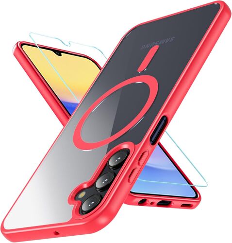 CAUC-Magnétique Coque pour Samsung Galaxy A15 avec Verre Trempé, Compatible avec MagSafe, Anti Rayures Etui Antichoc TPU Bumper Case pour Samsung A15 4G/5G (Rouge)