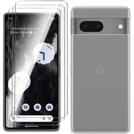 Coque Tpu Silicone Transparente Pour Google Pixel 7 (6,3"") + 3 Protecteurs D'écran Verre Trempé 9h - Bords Surélevés, Antitraces, Haute Transparence