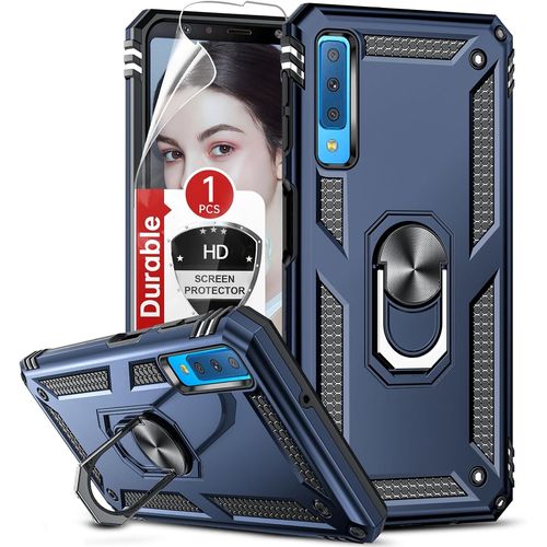 Coque Pour Galaxy A7 2018 Avec Anneau Support, Double Couche Renforcée Défense Bumper Tpu Silicone Antichoc Armure Housse Etui Avec Protection Écran Pour Samsung A7 2018 Bleu Foncé[MAG6201106]