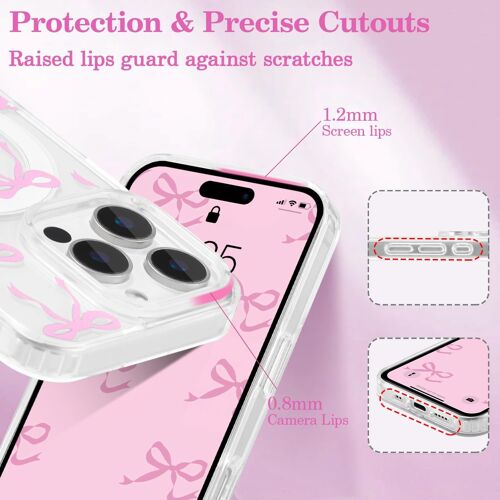 KALANKA-Coque Magnétique pour iPhone 15 Pro Max Compatible avec Recharge sans Fil, Transparent Étui Housse de Téléphone en Motif de Papillon Antichoc Bumper Cover pour Filles Femme, Rose
