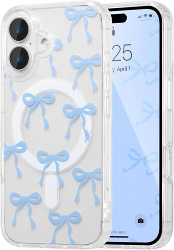 Coque Magnétique pour iPhone 16 Compatible avec Recharge sans Fil, Transparent Étui Housse de Téléphone en Motif de Papillon Antichoc Bumper Cover pour Filles Femme, Bleu