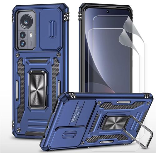 CAUC-Coque pour Xiaomi 12 étui avec Films de Protection d'écran [2 Pièces] Support magnétique Armure Robuste Antichoc Silicone avec Couvercle de caméra Coulissant Bumper-Bleu