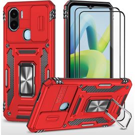 Coque Silicone Rouge Pour Xiaomi Redmi A1/A1+ ¿ 2x Verre Trempé ¿ Protection Caméra Coulissante ¿ Anneau Rotatif 360° Compatible Support Magnétique Voiture ¿ Tpu Antichoc