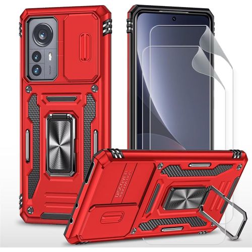 Coque Pour Xiaomi 12 Étui Avec Films De Protection D'écran [2 Pièces] Support Magnétique Armure Robuste Antichoc Silicone Avec Couvercle De Caméra Coulissant Bumper-Rouge