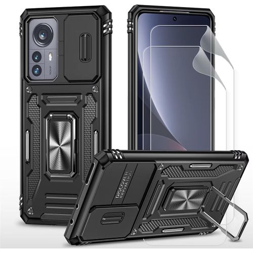 CAUC-Coque pour Xiaomi 12 étui avec Films de Protection d'écran [2 Pièces] Support magnétique Armure Robuste Antichoc Silicone avec Couvercle de caméra Coulissant Bumper-Noir