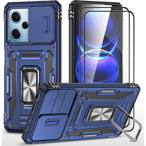 Chicslick-Coque Pour Xiaomi 12/ 12 5g Étui Avec 2 Verre Trempé Support Magnétique Armure Robuste Antichoc Silicone Avec Couvercle De Caméra Coulissant Bumper-Bleu[X853]
