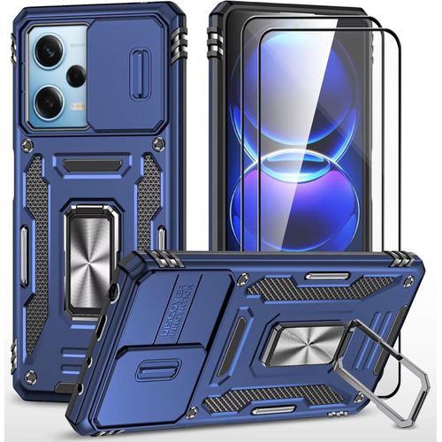 CAUC-Coque pour Xiaomi Redmi Note 12 5G/Poco X5 5G étui avec 2 Verre Trempé Support magnétique Armure Robuste Antichoc Silicone avec Couvercle de caméra Coulissant Bumper-Bleu