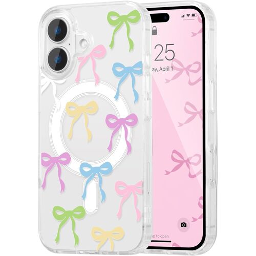 Coque Magnétique Pour Iphone 16 Transparent Étui Avec Recharge Sans Fil, Housse De Téléphone En Motif De Noeud Arc Papillon Antichoc Bumper Cover Case Pour Filles Femme, Multicolor[WKE03973]