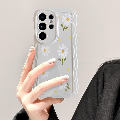 TRAHOO-Coque pour Samsung Galaxy S21 Ultra 5G, Wave Frame Marguerite Étui en Silicone Liquide, Housse de Téléphone en Motif de Daisy Fleur Antichoc Bumper Cover Case pour Filles Femme, Fleur Beige