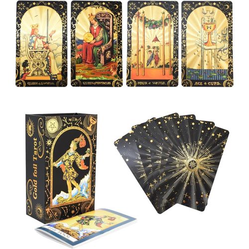 Jeu De Tarot 78 Cartes Version Anglaise Feuille D'or,Avec Guide,Conception Étanche,Matériau Pvc Noir Et Or