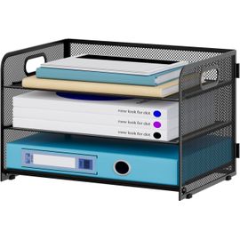 Organiseur De Bureau À 3 Compartiments A4 En Métal-Porte-Documents-Porte-Revues-Corbeille À Courrier-Noir