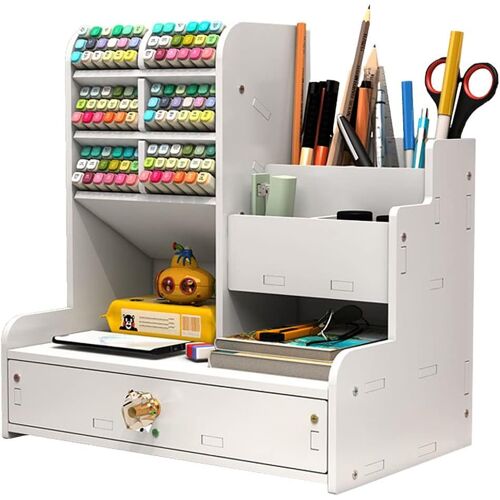 KALANKA-Organiseur de bureau blanc avec tiroir multifonctionnel pour la maison, le bureau et l'école (PB17-Blanc)