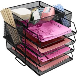 Teppd-Corbeille À Courriers Empilable En Métal - Porte-Revues Avec 4 Bacs À Courriers - Avec 2 Porte-Stylos - Pour Bureau, École, Maison (4 Niveaux)