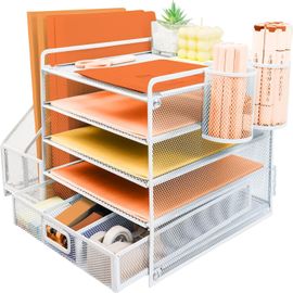 Corbeille À Courrier À 5 Niveaux Avec Porte-Fichiers,Organiseur De Fichiers De Bureau En Maille Métallique Avec Tiroir Et Porte-Stylo,Porte-Revues Multifonction Pour Bureau,Blanc