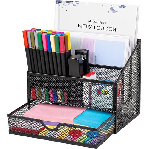 Teppd-Organisateur De Bureau En Acier Carbone Avec 5 Niveaux + Tiroir ¿ Porte-Documents Vertical, Porte-Stylos Multifonction Et Rangement Ergonomique (Noir)